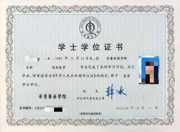 齐鲁医药学院学位证书模版(图1)